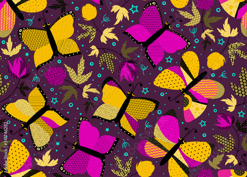 Butterflies and flowers on dark crimson background. Summer floral seamless pattern. Vector illustration patch work for wrapper, cloth, linens