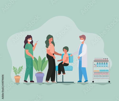 Boy kid with mother vaccination and doctors with masks against 2019 ncov virus vector design