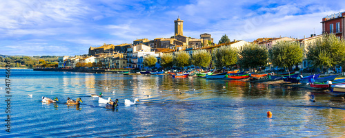 фотографія Family of ducks swimming on calm water surface of Lago di Bolsena with scenic medieval borgo Marta in background