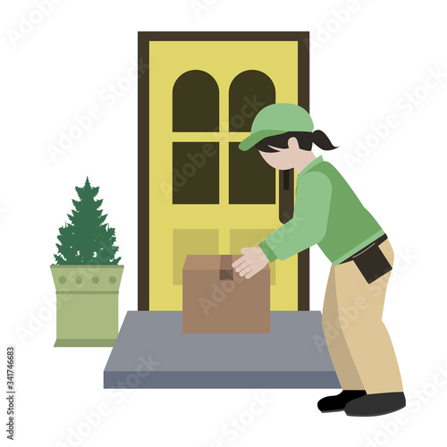 玄関先に置き配をする女性配達員