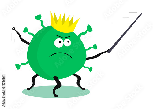 An emotional virus molecule with an angry face and a crown holds a pointer in his hand, shows the direction of the outbreak of the coronavirus. Green microbe, quarantine, covid-19. Isolated on white.