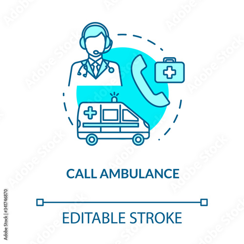 Call ambulance, medical assistance concept icon. First aid, life saving, emergency service call centre thin line illustration. Vector isolated outline RGB color drawing. Editable stroke