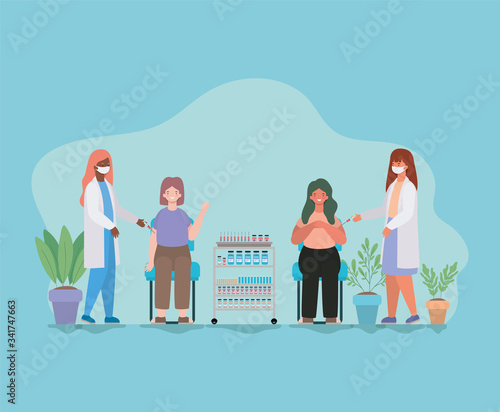 Women vaccination and doctors with masks against 2019 ncov virus vector design