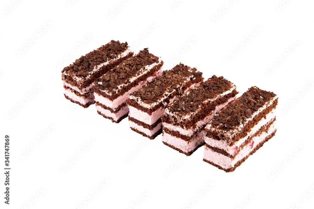 Pie chocolate-raspberry with chocolate chips on white background Pie chocolate-raspberry with chocolate chips on white background