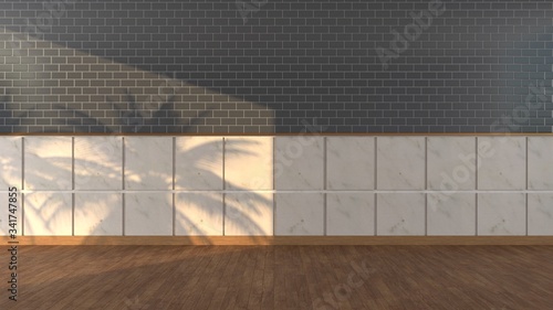 Mock-up of white and black empty room. The sunlight shines on the black and white brick wall with shadow of leaf in unfurnished room with wooden floor. Minimalist Black, illustration, 3D rendering.