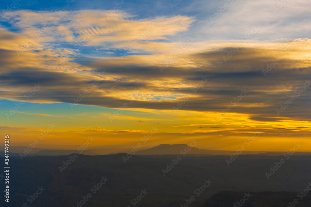 Mountain valley during sunrise. Beutiful natural landsscape in the summer time, 