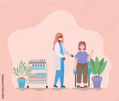 Woman vaccination and doctor with mask against 2019 ncov virus vector design