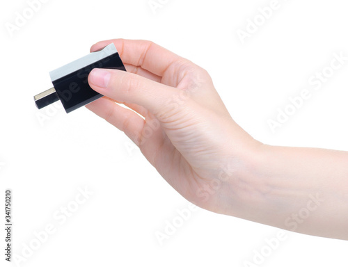 Power Supply usb in hand on white background isolation