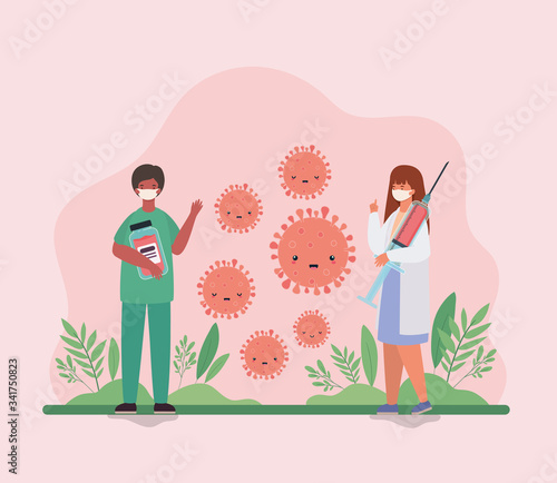Woman and man doctor with medicine jar and injection against 2019 ncov virus vector design