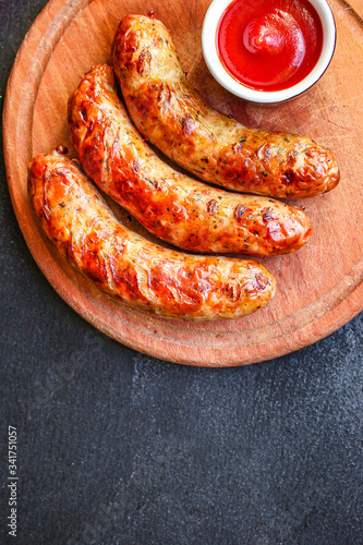 fried sausages, grilled meat or barbecue Menu concept, food background, keto or paleo diet. top view. copy space for text 