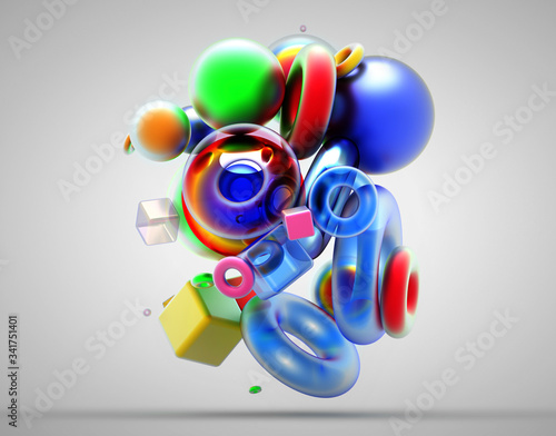 Fototapeta Naklejka Na Ścianę i Meble -  3d render of abstract art surreal 3d composition with flying geometry figures as cube ball ring or torus in different sizes in red blue green and red multi color on light grey background