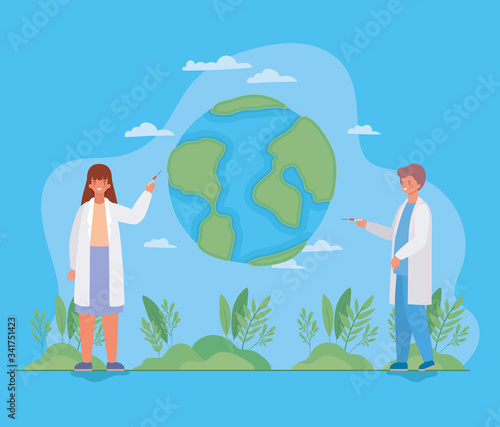 Woman and man doctor with injection and world against 2019 ncov virus vector design