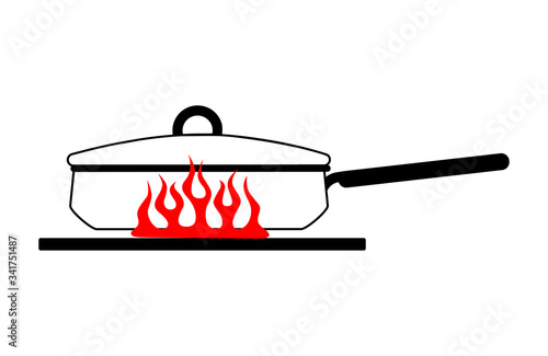 Cartoon stewpan with a lid and a long handle on a red gas stove. Vector image of a kitchen coffee pot on fire. Vector illustration