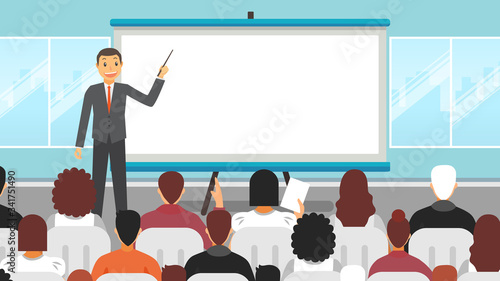 Business seminar speaker doing presentation and professional training about marketing sales. Flat vector illustration of conference with motivation for audience.