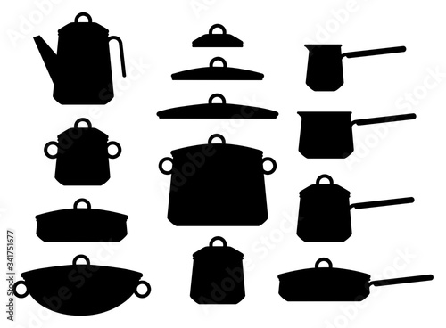 Set of cartoon cookware pans with lids. Vector silhouette illustration