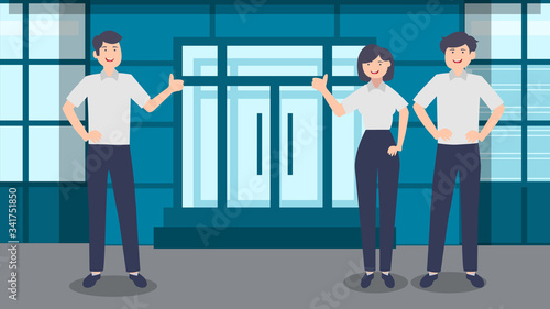 Business men and women as a teamwork standing in front of their offices concept vector illustration. Cartoon coworkers character waving or smiling. © Ninda