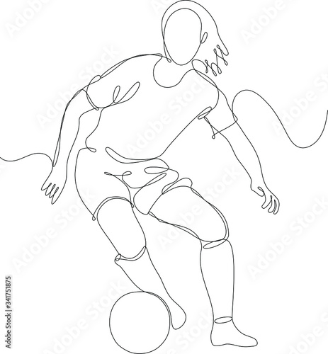 ragazza che gioca a calcio. Calcio femminile, sport di squadra, allenamento, competizione. Illustrazione a linea continua su sfondo bianco.