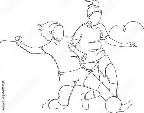 Illustrazione di due ragazze che giocano a calcio. Calcio femminile, sport di squadra, allenamento, competizione. Illustrazione vettoriale di linea su sfondo bianco.