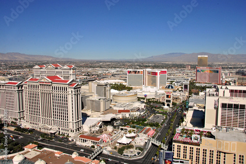 Caesars Palace and The Strip seen from the Eiffel Tower replica at the Paris Hotel and Casino  Las Vegas Nevada  USA photo