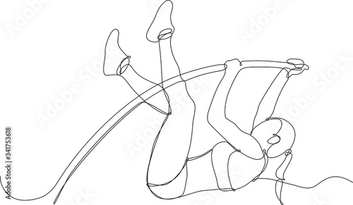 Ragazza che pratica salto con l'asta, illustrazione vettoriale a line continua su sfondo bianco