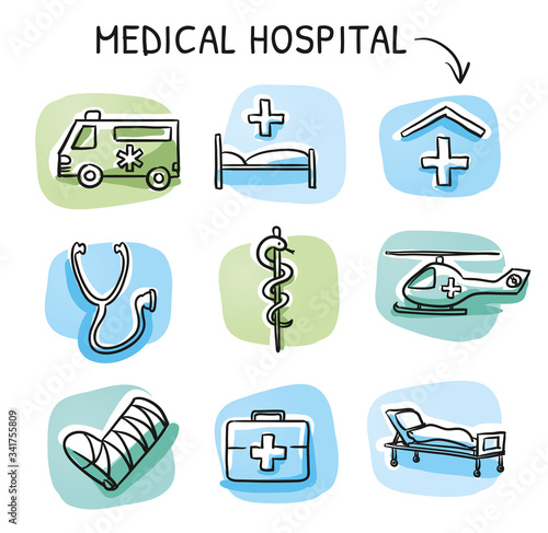 Set of different medical icons as ambulance, helicopter, hospital, stethoscope, first aid kit, bed,  for medical info graphics. Hand drawn cartoon sketch vector illustration, marker coloring