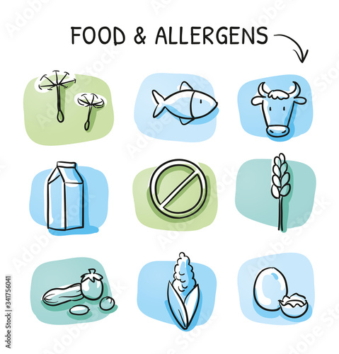 Set of different food allergy declaration and meat free icons, for packaging on blue and green tiles. Hand drawn cartoon sketch vector illustration, marker style coloring. 