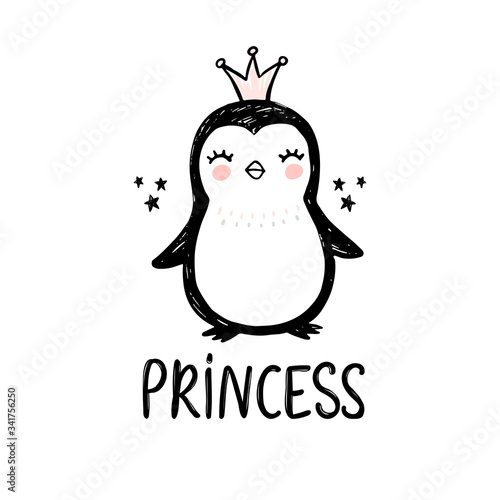 Hand drawn cute penguin princess wth crown isolated on white