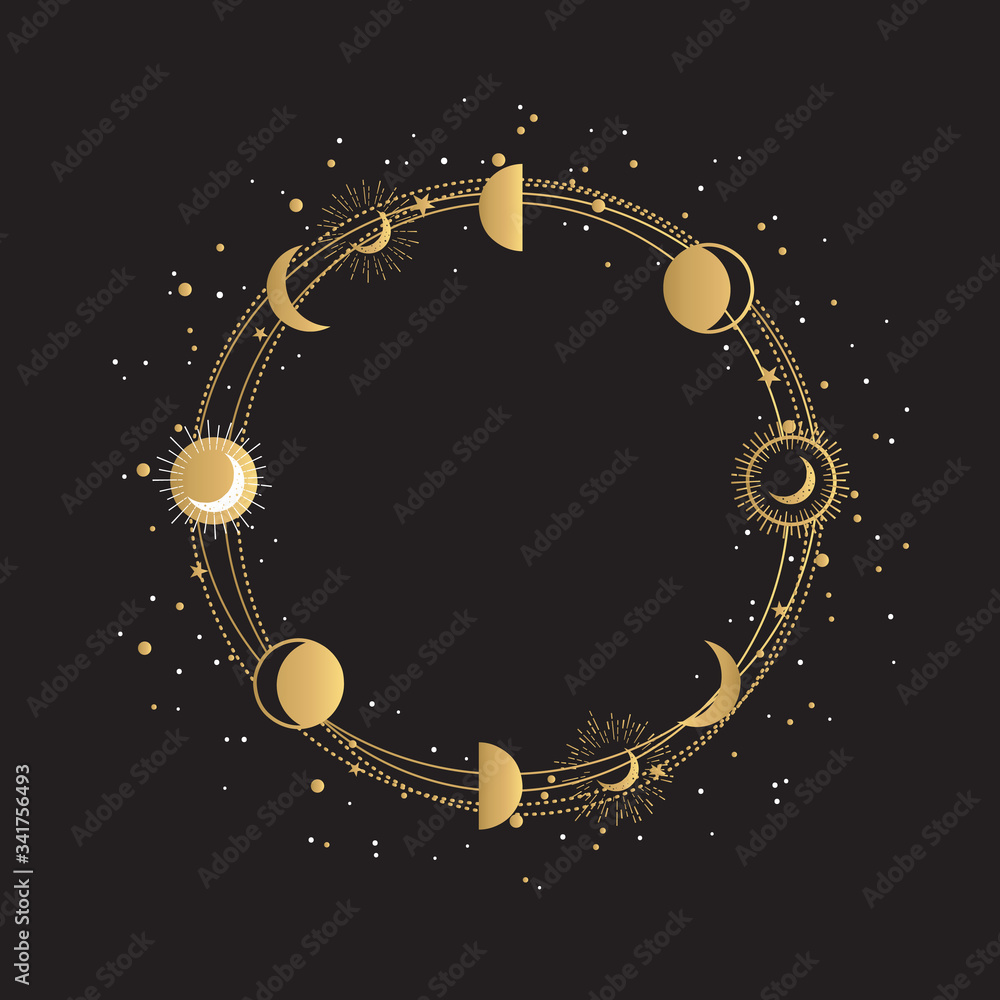 Hand Drawn Gold Logo Frame with golden moon phases and stars. Abstract  Golden Round Frame on white background Stock Vector | Adobe Stock