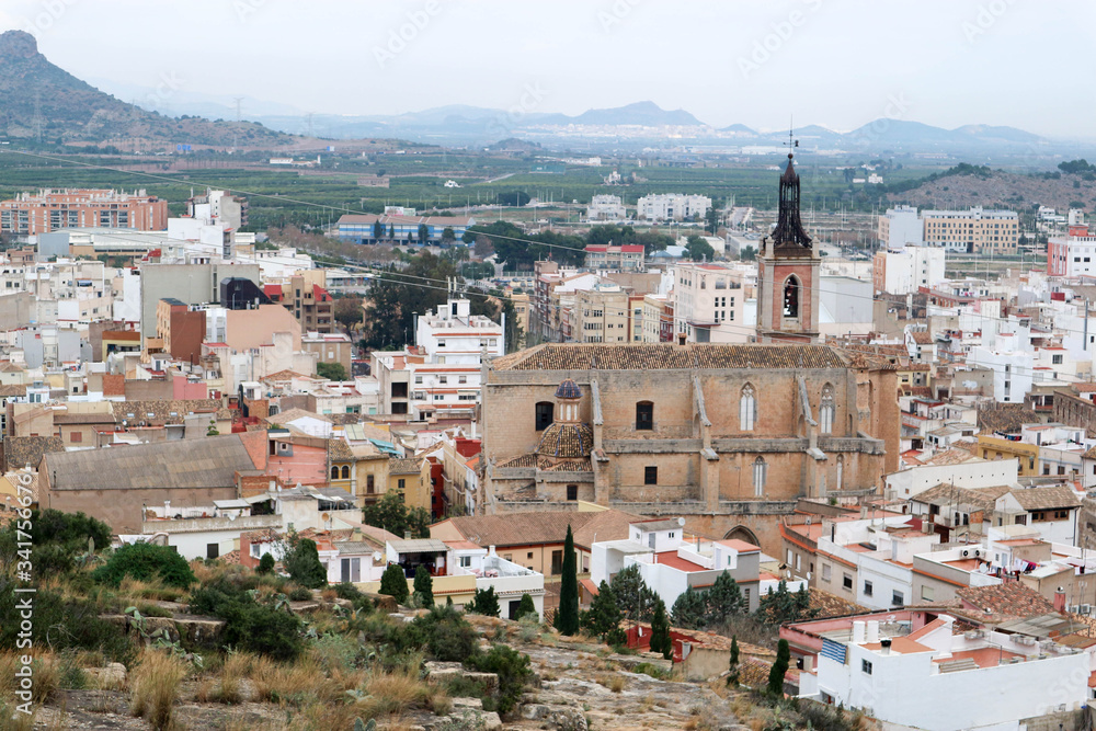 Panoramic view of old town of Sagunto, Spain and parish church of Santa Maria