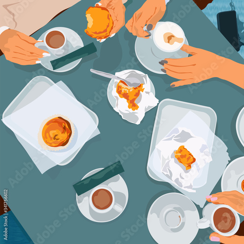 Illustration of a table with coffee and desserts and womens hands are holding cups with espresso and cappucino while having breakfast
