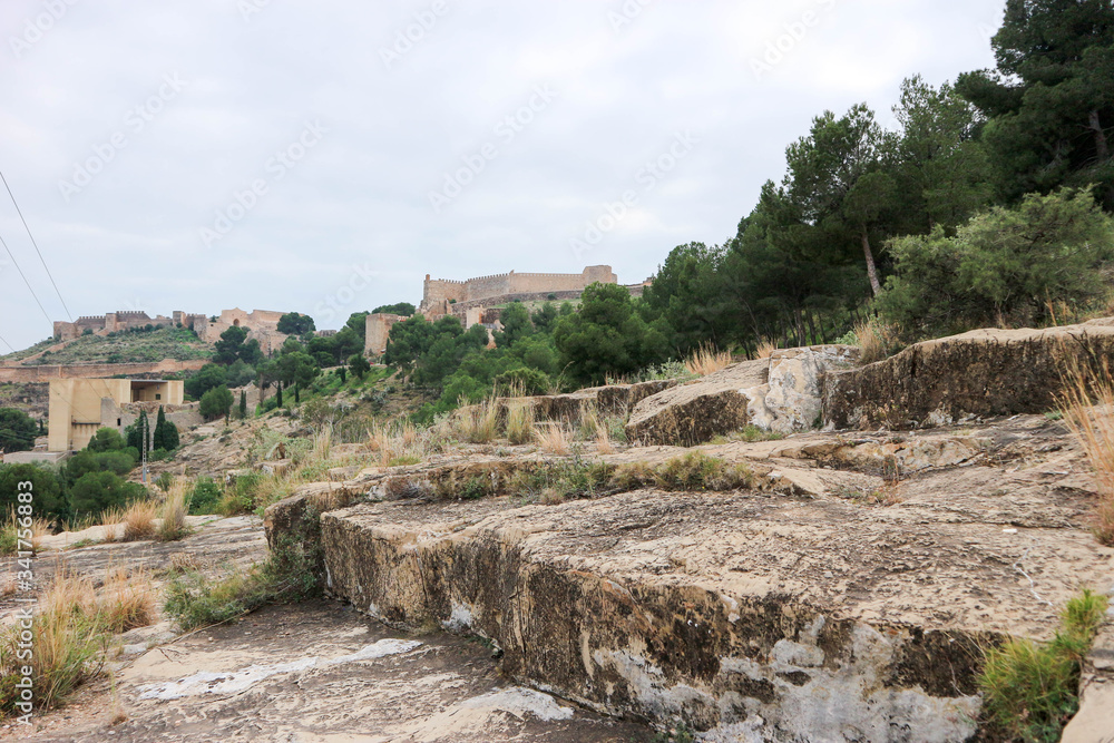 View to the Sagunto stronghold castle on the rock, Spain