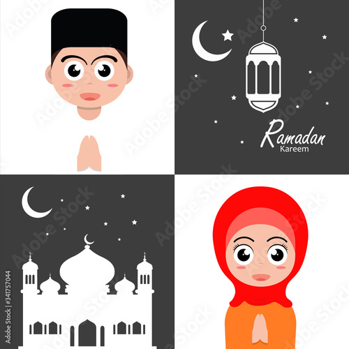 ramadan greeting flat poster illustration with ramadan kareem cartoon character design