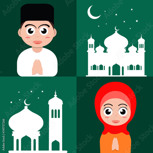 ramadan greeting flat poster illustration with ramadan kareem cartoon character design