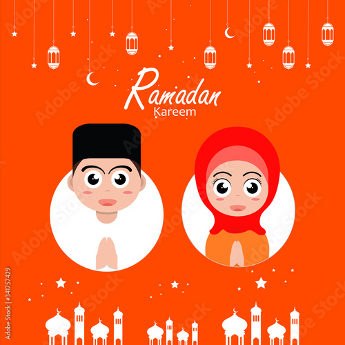 ramadan greeting flat poster illustration with ramadan kareem cartoon character design