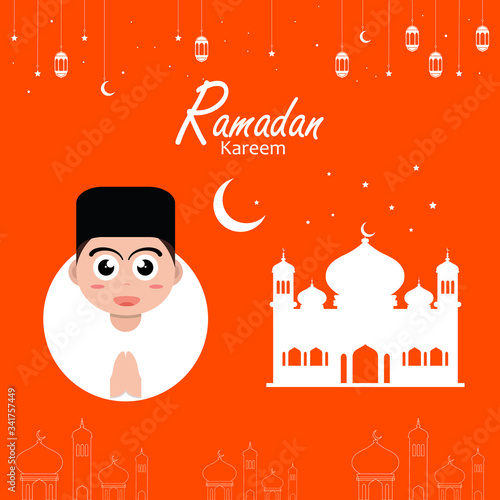 ramadan greeting flat poster illustration with ramadan kareem cartoon character design