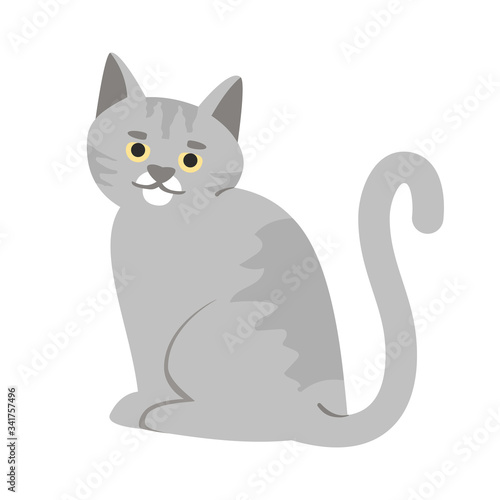Adorable gray cat semi flat RGB color vector illustration