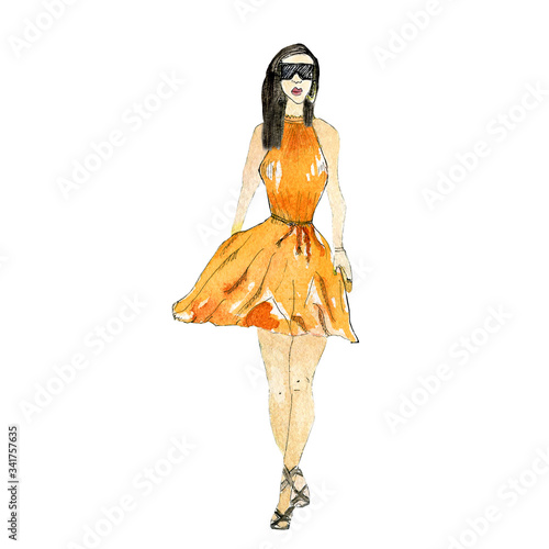 Hand drawn picture of young woman in the summer dress. 