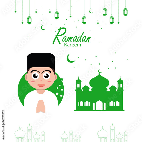 ramadan greeting flat poster illustration with ramadan kareem cartoon character design