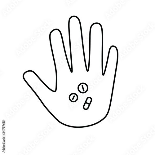 A man holds a pill in his hand. meds and medicine in capsules lie on the hand. black vector graphics