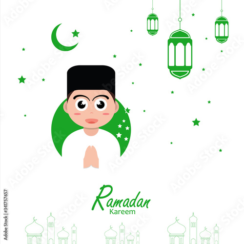 ramadan greeting flat poster illustration with ramadan kareem cartoon character design