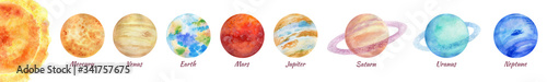 A bright colorful watercolor illustration of a solar system on a white background. A set of 8 planets: Mercury, Venus, Earth, Mars, Jupiter, Saturn, Uranus, Neptune. Isolated space objects.