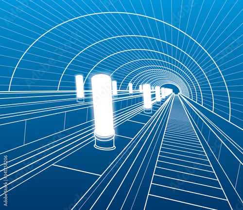 Escalator in the subway. Transport infrastructure illustrations. Urban life. White line on blue background. Outline images for your project. Vector design art