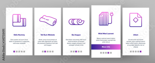 Blanket And Towel Onboarding Icons Set Vector. Electronic Blanket With Heating, Fabric Bathroom Accessory, Twisted Plaid Illustrations