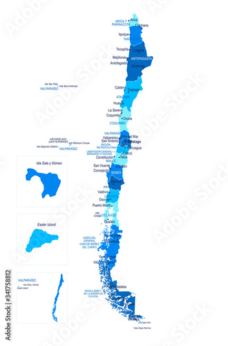 Chile map. Cities, regions. Vector