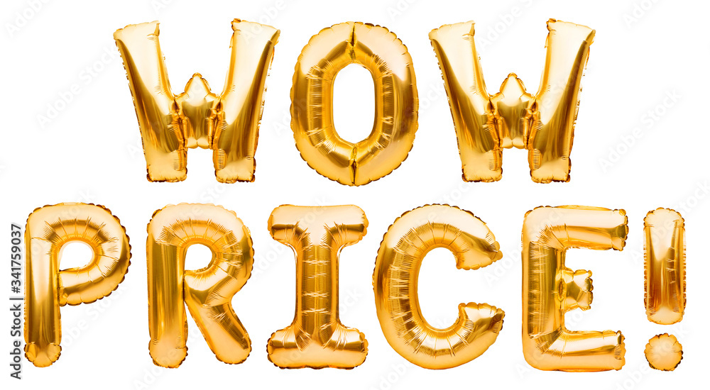 Words WOW PRICE made of golden inflatable balloons isolated on white background. Helium balloons gold foil forming phrase wow price. Discount and advertisement, sale and party decoration Words WOW PRICE made of golden inflatable balloons isolated on white background. Helium balloons gold foil forming phrase wow price. Discount and advertisement, sale and party decoration