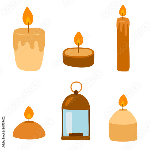 Flat style hand drawn vector candle illustration set. Isolated on white.