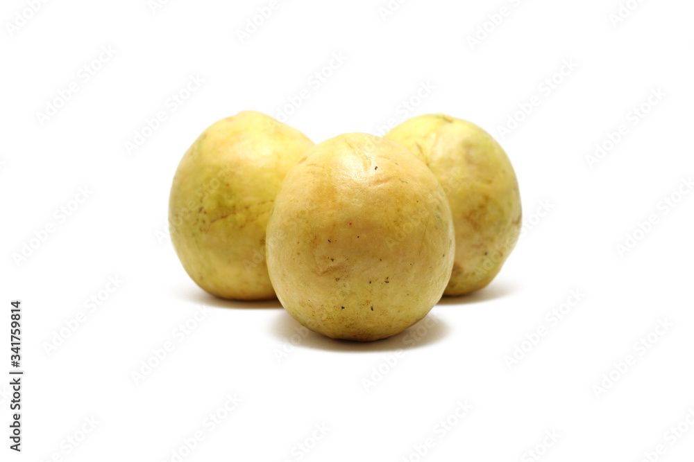 Three red guavas (Psidium guajava) isolated on white background, perfect for breakfasting during ramadan Three red guavas (Psidium guajava) isolated on white background, perfect for breakfasting during ramadan