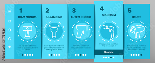 Barcode Scanner Device Onboarding Icons Set Vector. Scanner Electronic Equipment For Scanning And Reading Product Special Bar Code Illustrations