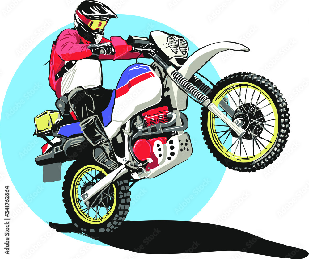 The motorcycle driver got on the rear wheel. Offroad and adventure