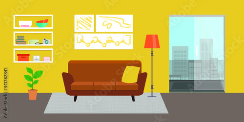 Living room with furniture. Flat style vector interior illustration . Sofa, pillow,  lamp, pictures on wall, flower, shelf. Daylight apartments . Hotel suite with city views. Upstairs. Renting a home